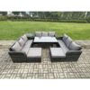 Fimous Wicker PE Rattan Sofa Outdoor Garden Furniture Set with Rectangular Dining Table 2 Big Footstool Side Table Dark Grey Mixed