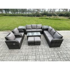 Fimous Wicker PE Rattan Sofa Set 10 Seater Outdoor Patio Garden Furniture Set with 2 Reclining Chairs Coffee Table 2 Side Tables 2 Small Footstools