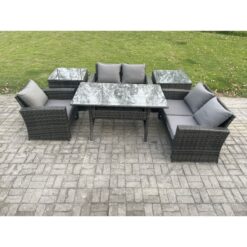 Fimous Wicker Rattan Garden Dining Set Outdoor Furniture Sofa with Dining Table Double Seat Sofa 2 Side Tables Dark Grey Mixed