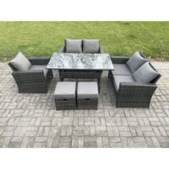 Fimous Wicker Rattan Garden Dining Set Outdoor Furniture Sofa with Dining Table Double Seat Sofa 2 Small Footstools Dark Grey Mixed