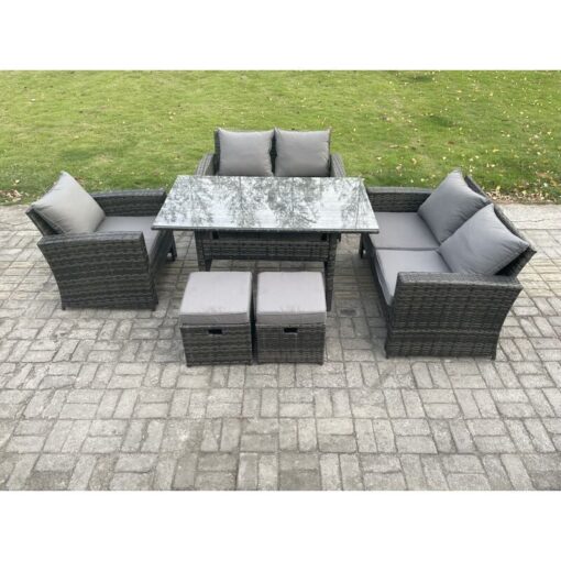 Fimous Wicker Rattan Garden Dining Set Outdoor Furniture Sofa with Dining Table Double Seat Sofa 2 Small Footstools Dark Grey Mixed