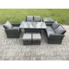 Fimous Wicker Rattan Garden Dining Set Outdoor Furniture Sofa with Dining Table Double Seat Sofa Side Table 2 Small Footstools Dark Grey Mixed