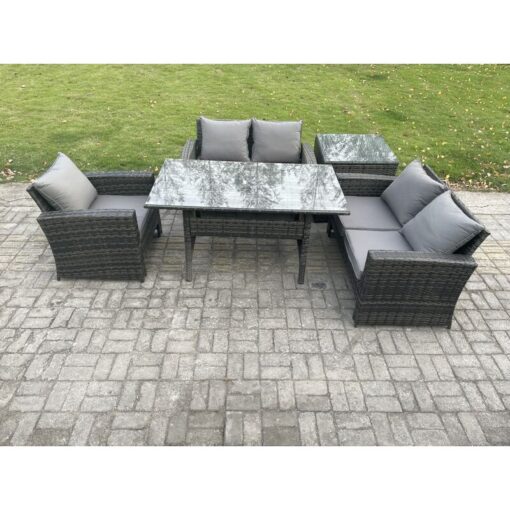 Fimous Wicker Rattan Garden Dining Set Outdoor Furniture Sofa with Dining Table Double Seat Sofa Side Table Dark Grey Mixed