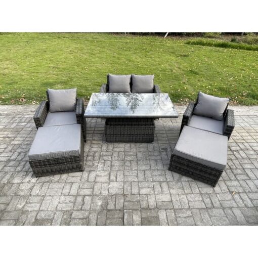 Fimous Wicker Rattan Garden Furniture Rising Table Set with 2 Big Footstool Double Seat Sofa Armchairs Dark Grey Mixed