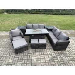 Fimous - Wicker Rattan Garden Furniture Set Gas Fire Pit Dining Table Reclining Chair 3 Seater Sofa Set Indoor Outdoor with 2 Side Tables 3