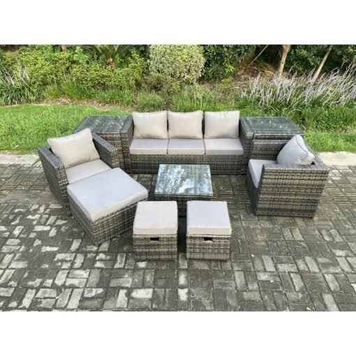 Fimous - Wicker Rattan Garden Furniture Sofa Set with 2 Side Tables Armchair Square Coffee Table 3 Footstools 8 Seater Outdoor Rattan Set Dark Grey