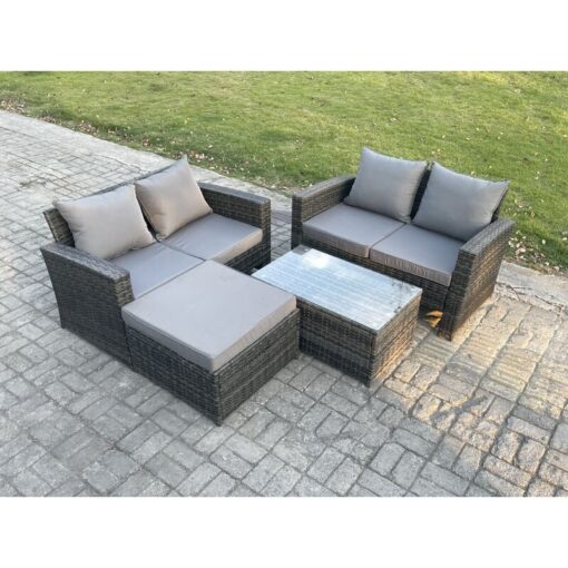 Fimous - Wicker Rattan Garden Furniture Sofa Set with Rectangular Coffee Table Double Seat Sofa Big Footstool 5 Seater Outdoor Rattan Set Dark Grey