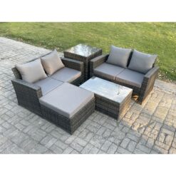 Fimous - Wicker Rattan Garden Furniture Sofa Set with Rectangular Coffee Table Double Seat Sofa Big Footstool Side Table 5 Seater Outdoor Rattan Set