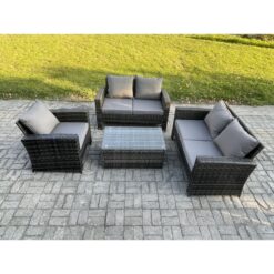 Fimous Wicker Rattan Garden Furniture Sofa Set with Rectangular Coffee Table Double Seat Sofa Chair 5 Seater Outdoor Rattan Set Dark Grey Mixed