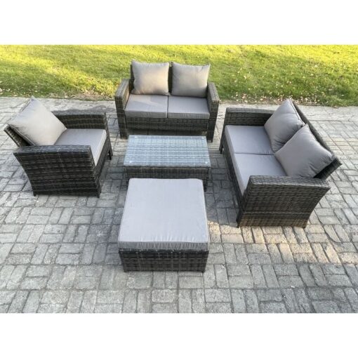 Fimous Wicker Rattan Garden Furniture Sofa Set with Rectangular Coffee Table Double Seat Sofa Chair Big Footstool 6 Seater Outdoor Rattan Set Dark