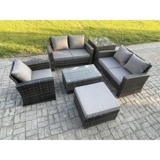 Fimous - Wicker Rattan Garden Furniture Sofa Set with Rectangular Coffee Table Double Seat Sofa Chair Big Footstool Side Table 6 Seater Outdoor