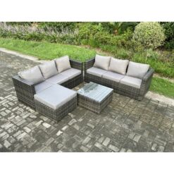 Fimous - Wicker Rattan Garden Furniture Sofa Set with Square Coffee Table Big Footstool 7 Seater Outdoor Rattan Set Dark Grey Mixed