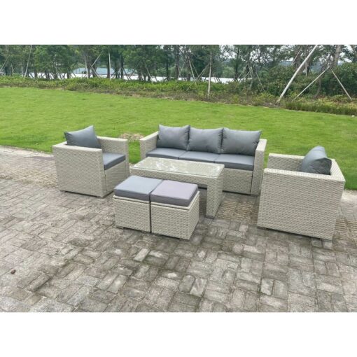 Fimous Wicker Rattan Garden Furniture Sofa Sets Outdoor Patio Coffee Table With Stools light grey