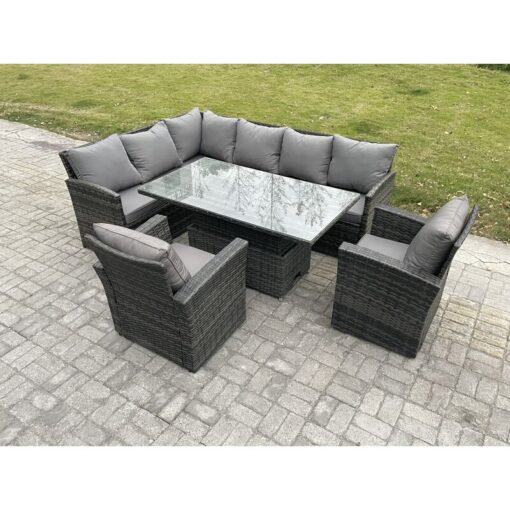 Fimous - Wicker pe Outdoor Rattan Garden Furniture Set Height Adjustable Rising Lifting Table Sofa Dining Set with 2 Armchairs Dark Grey Mixed