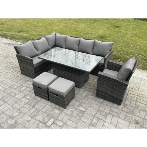 Fimous - Wicker pe Outdoor Rattan Garden Furniture Set Height Adjustable Rising Lifting Table Sofa Dining Set with 2 Small Footstools Armchair Dark