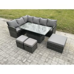 Fimous - Wicker pe Outdoor Rattan Garden Furniture Set Height Adjustable Rising Lifting Table Sofa Dining Set with 3 Footstools Dark Grey Mixed