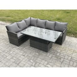 Fimous - Wicker pe Outdoor Rattan Garden Furniture Set Height Adjustable Rising Lifting Table Sofa Dining Set with Dark Grey Mixed