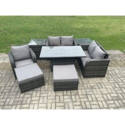 Fimous - Wicker pe Rattan Furniture Garden Dining Set Outdoor Height Adjustable Rising lifting Table Love Sofa With Reclining Chair 2 Side Tables 2