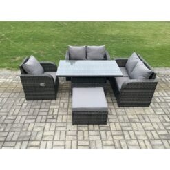 Fimous - Wicker pe Rattan Furniture Garden Dining Set Outdoor Height Adjustable Rising lifting Table Love Sofa With Reclining Chair Big Footstool