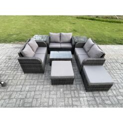 Fimous - Wicker pe Rattan Garden Furniture Set 8 Seater Outdoor Lounge Sofa Set with Love Sofa Coffee Table 2 Side Tables 2 Big Footstool Dark Grey