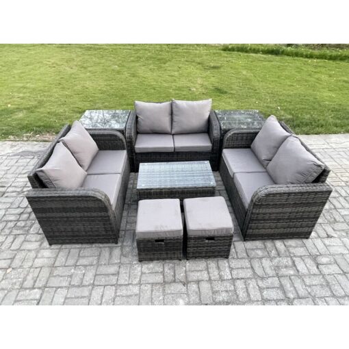 Fimous - Wicker pe Rattan Garden Furniture Set 8 Seater Outdoor Lounge Sofa Set with Love Sofa Coffee Table 2 Side Tables 2 Small Footstools Dark