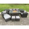 Fimous - Wicker pe Rattan Garden Furniture Set Gas Fire Pit Dining Table Gas Heater Burner With 2 Armchairs 2 Side Tables Footstools 8 Seater Dark