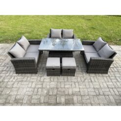 Fimous - Wicker pe Rattan Garden Furniture Set Height Adjustable Rising Lifting Table Sofa Dining Set with Double Seat Sofa 2 Small Footstools Dark