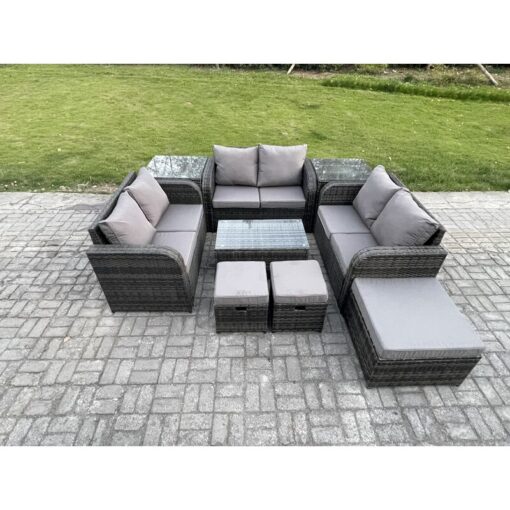 Fimous - Wicker pe Rattan Garden Furniture Set Outdoor Lounge Sofa Set with Love Sofa Coffee Table 2 Side Tables 3 Footstools Dark Grey Mixed