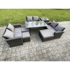 Fimous - Wicker pe Rattan Garden Furniture Sets Outdoor Lounge Sofa Set with Oblong Dining Table Double Seat Sofa 3 Footstools Side Table Dark Grey