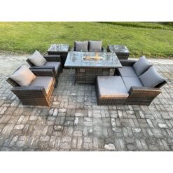 Fimous - Wicker pe Rattan Garden Furniture Sets Patio Outdoor Gas Firepit Dining Table Heater Set with Double Seat Sofa 2 Side Tables Big Footstool