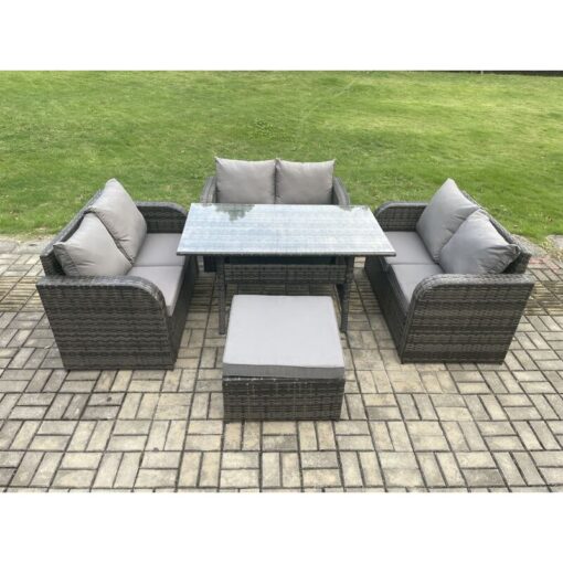 Fimous - Wicker pe Rattan Sofa Outdoor Garden Furniture Set with Rectangular Dining Table Big Footstool Dark Grey Mixed