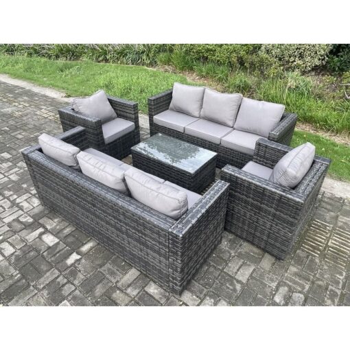 Fimous - Wicker pe Rattan Sofa Set Outdoor Patio Garden Furniture with 2 Armchairs Oblong Coffee Table Dark Grey Mixed