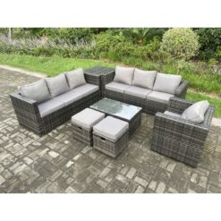 Fimous - Wicker pe Rattan Sofa Set Outdoor Patio Garden Furniture with Armchair Oblong Coffee Table Side Table 2 Small Footstools Dark Grey Mixed