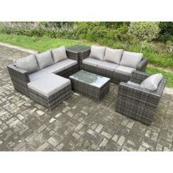 Fimous - Wicker pe Rattan Sofa Set Outdoor Patio Garden Furniture with Armchair Oblong Coffee Table Side Table Big Footstool Dark Grey Mixed