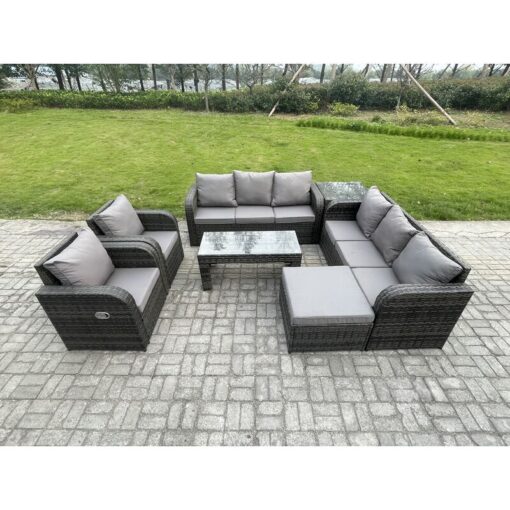 Fimous - Wicker pe Rattan Sofa Set Outdoor Patio Garden Furniture with Reclining Chair Coffee Table Side Table Big Footstool Dark Grey Mixed