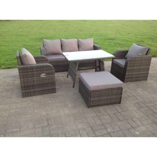 Fimous - pe Rattan Garden Furniture Set Adjustable Chair Sofa Lounge 3 Seater Sofa Oblong Rectangular Dining Table Footstool