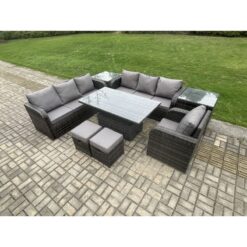 Fimous - pe Rattan Outdoor Garden Furniture Sets Height Adjustable Rising lifting Dining Table Sofa Set with 2 Side Tables Reclining Chair 2 Small