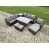 Fimous - pe Rattan Outdoor Garden Furniture Sets Height Adjustable Rising lifting Dining Table Sofa Set with Side Table Reclining Chair 3 Footstools