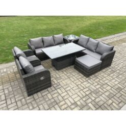 Fimous - pe Rattan Outdoor Garden Furniture Sets Height Adjustable Rising lifting DiningTable Sofa Set with Reclining Chair Side Table Footstool Dark