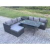 Fimous - pe Wicker Outdoor Garden Furniture Set Patio Rattan Rectangular Dining Table Lounge Sofa with Big Footstool Side Table 7 Seater Dark Grey