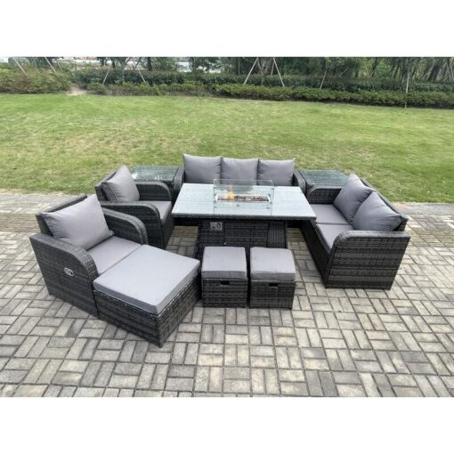 Fimous - pe Wicker Outdoor Rattan Garden Furniture Set Propane Gas Fire Pit Table and Sofa Chair set with 3 Footstools 2 Side Tables