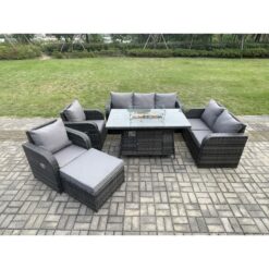 Fimous - pe Wicker Outdoor Rattan Garden Furniture Set Propane Gas Fire Pit Table and Sofa Chair set with Big Footstool