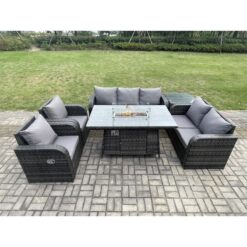 Fimous - pe Wicker Outdoor Rattan Garden Furniture Set Propane Gas Fire Pit Table and Sofa Chair set with Side Table 7 Seater