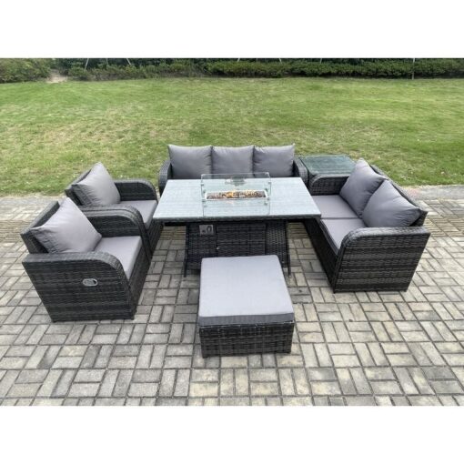 Fimous - pe Wicker Outdoor Rattan Garden Furniture Set Propane Gas Fire Pit Table and Sofa Chair set with Side Table Big Footstool