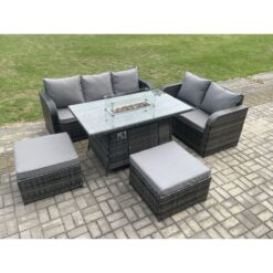 Fimous - pe Wicker Outdoor Rattan Garden Furniture Set Propane Gas Fire Pit Table and Sofa set with 2 Big Footstool