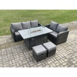 Fimous - pe Wicker Outdoor Rattan Garden Furniture Set Propane Gas Fire Pit Table and Sofa set with 2 Small Footstools