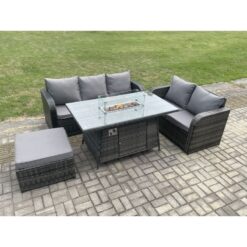 Fimous - pe Wicker Outdoor Rattan Garden Furniture Set Propane Gas Fire Pit Table and Sofa set with Big Footstool