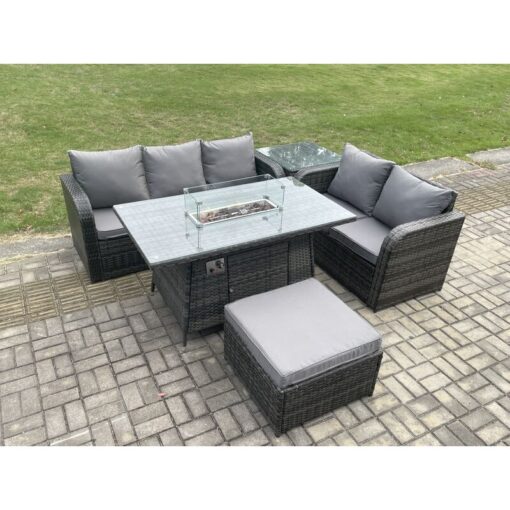 Fimous - pe Wicker Outdoor Rattan Garden Furniture Set Propane Gas Fire Pit Table and Sofa set with Side Table Big Footstool