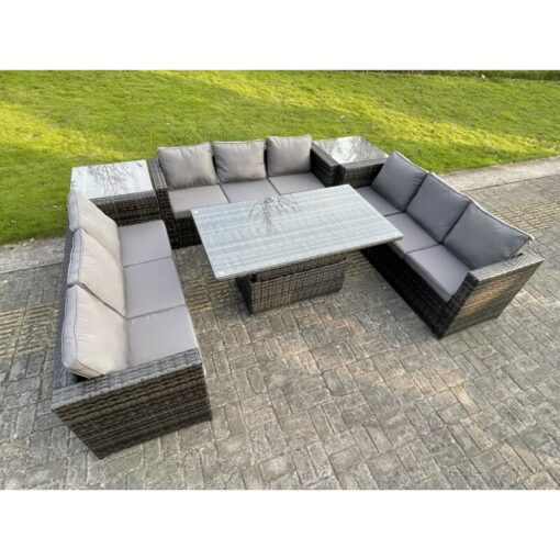 Fimous - u Shape Rattan Gardern Furniture Dining Sofa Set Adjustable Rising Dining Table With 2 Side Coffee Table