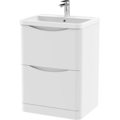 Floor Standing 2 Drawer Vanity Basin Unit with Polymarble Basin, 600mm - Satin White